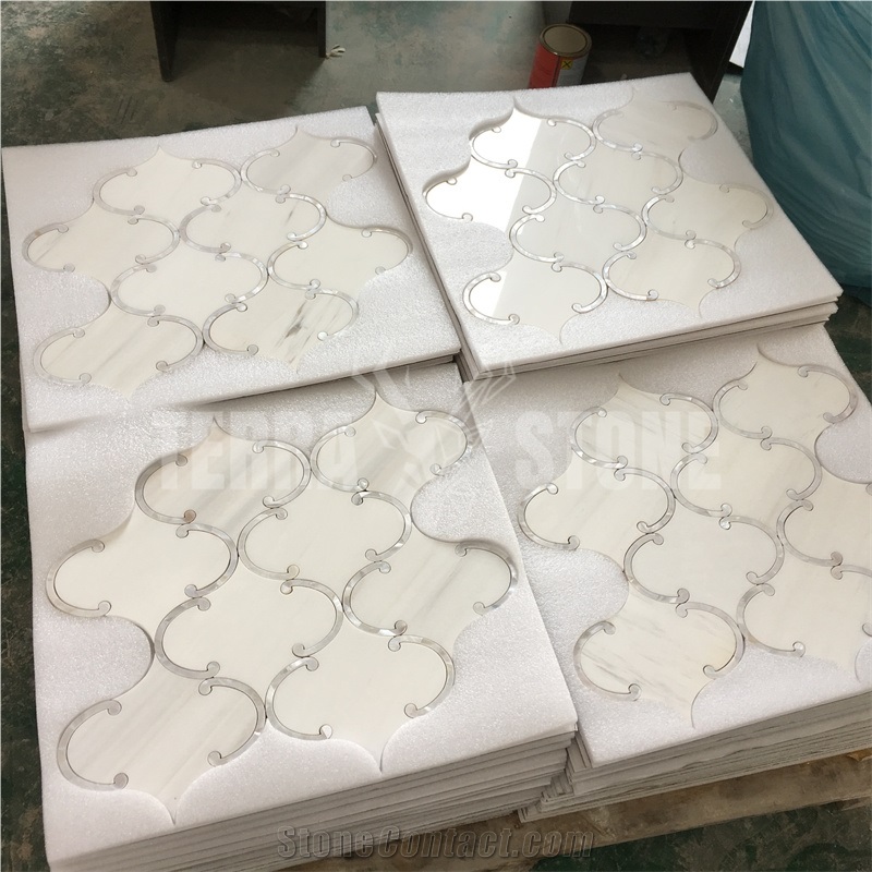 Waterjet Mosaic Dolomite White Marble Pearl Shell Tile