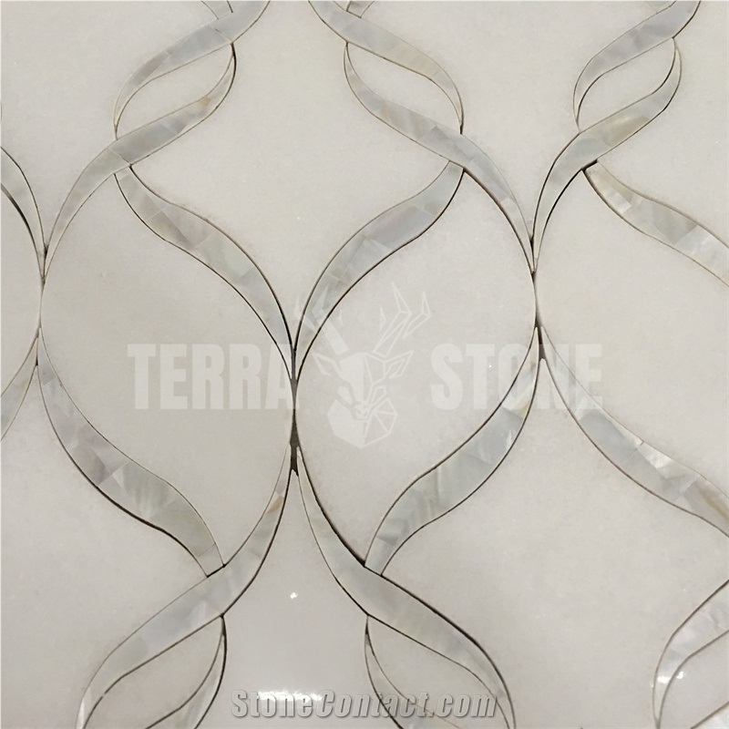 Waterjet Mosaic Ribbon Pattern Marble Pearl Shell Mosaic