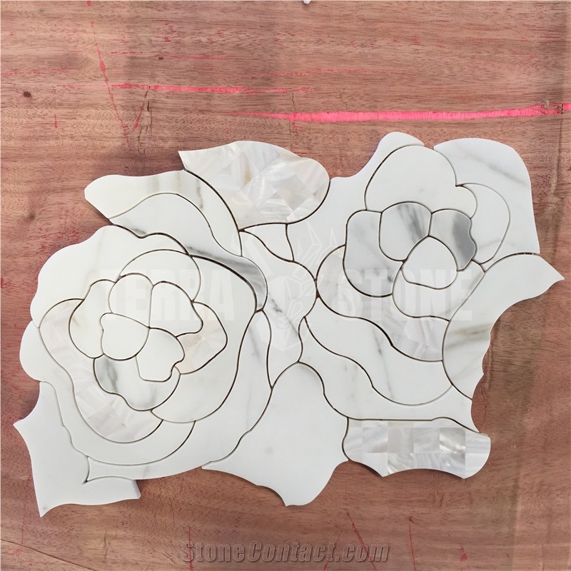 Waterjet Mosaic Rose Patern White Marble Bathroom Mosaic