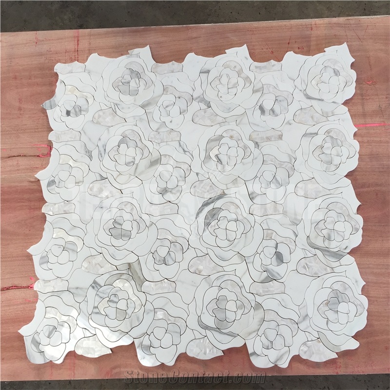 Waterjet Mosaic Rose Patern White Marble Bathroom Mosaic
