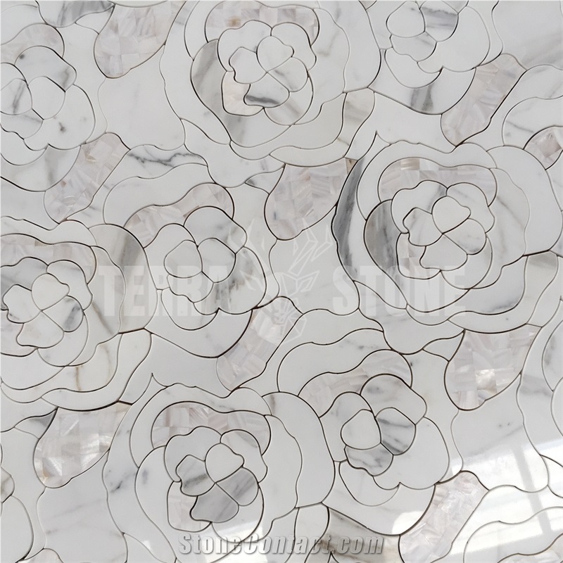 Waterjet Mosaic Rose Patern White Marble Bathroom Mosaic