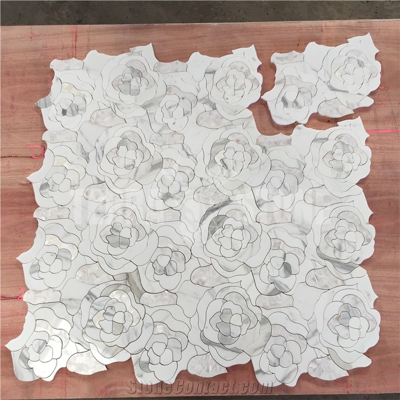 Waterjet Mosaic Rose Patern White Marble Bathroom Mosaic