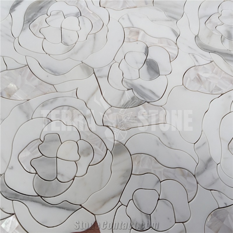 Waterjet Mosaic Rose Patern White Marble Bathroom Mosaic