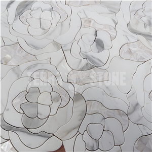 Waterjet Mosaic Rose Patern White Marble Bathroom Mosaic
