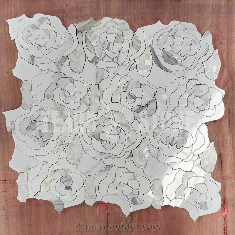 Waterjet Mosaic Rose Patern White Marble Bathroom Mosaic