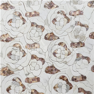 Waterjet Mosaic Rose Pattern Marble Mother Pearl Shell Tile