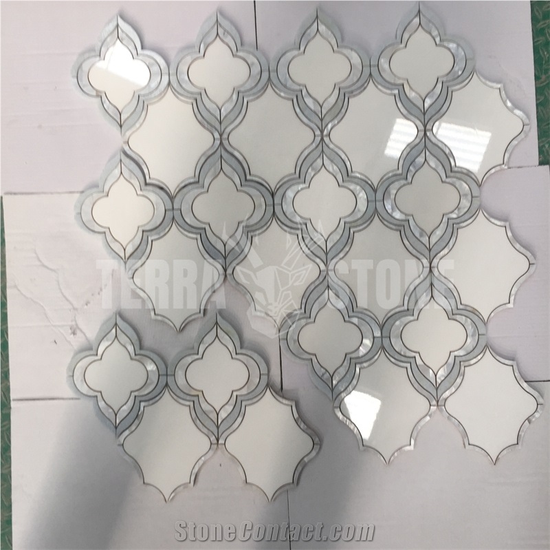 Waterjet Mosaic Thassos Marble Mother Pearl Of Shell Tile