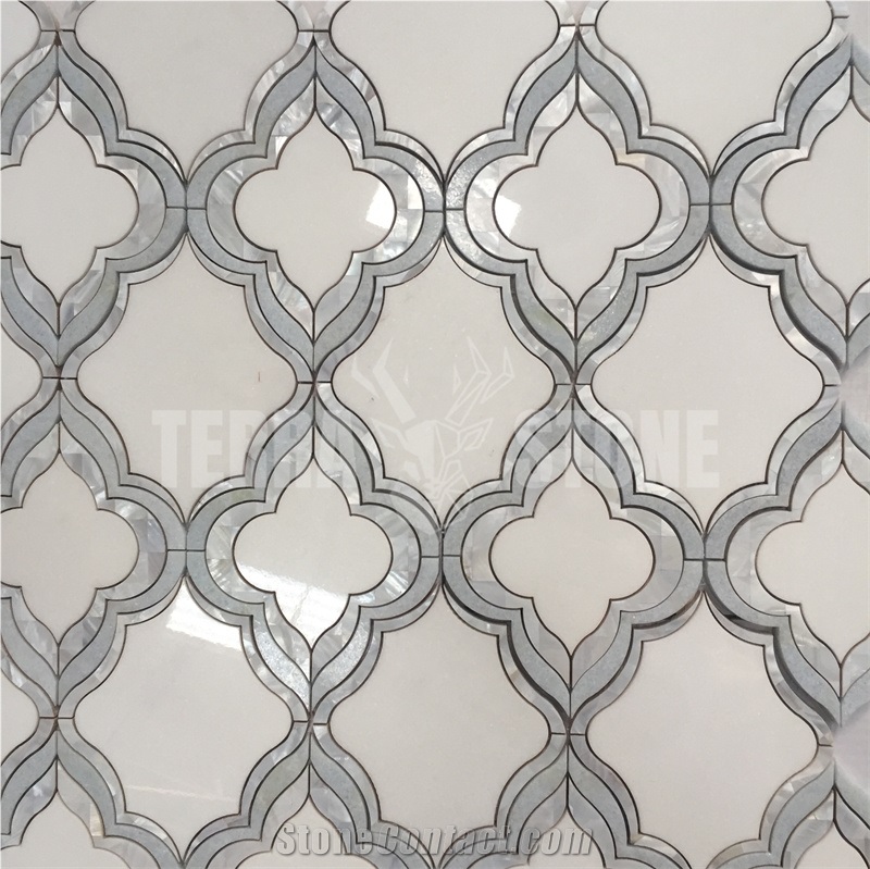 Waterjet Mosaic Thassos Marble Mother Pearl Of Shell Tile
