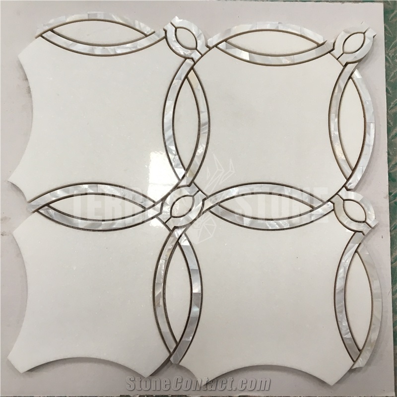 Waterjet Mosaic Thassos White Marble With Pearl Shell Tile