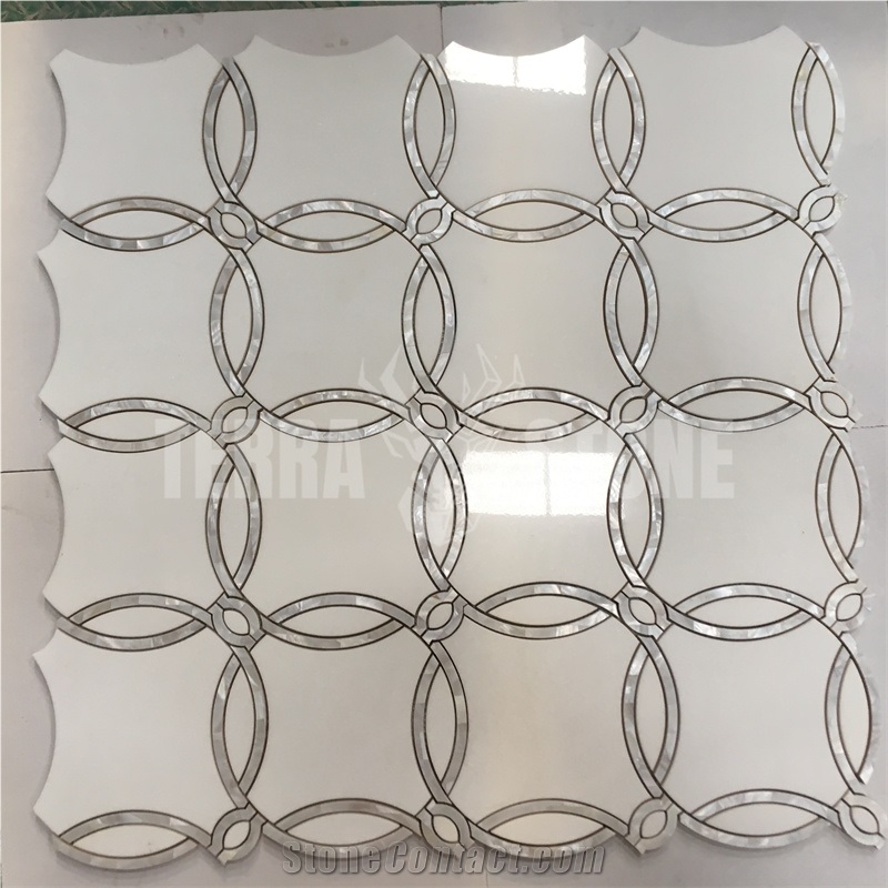 Waterjet Mosaic Thassos White Marble With Pearl Shell Tile