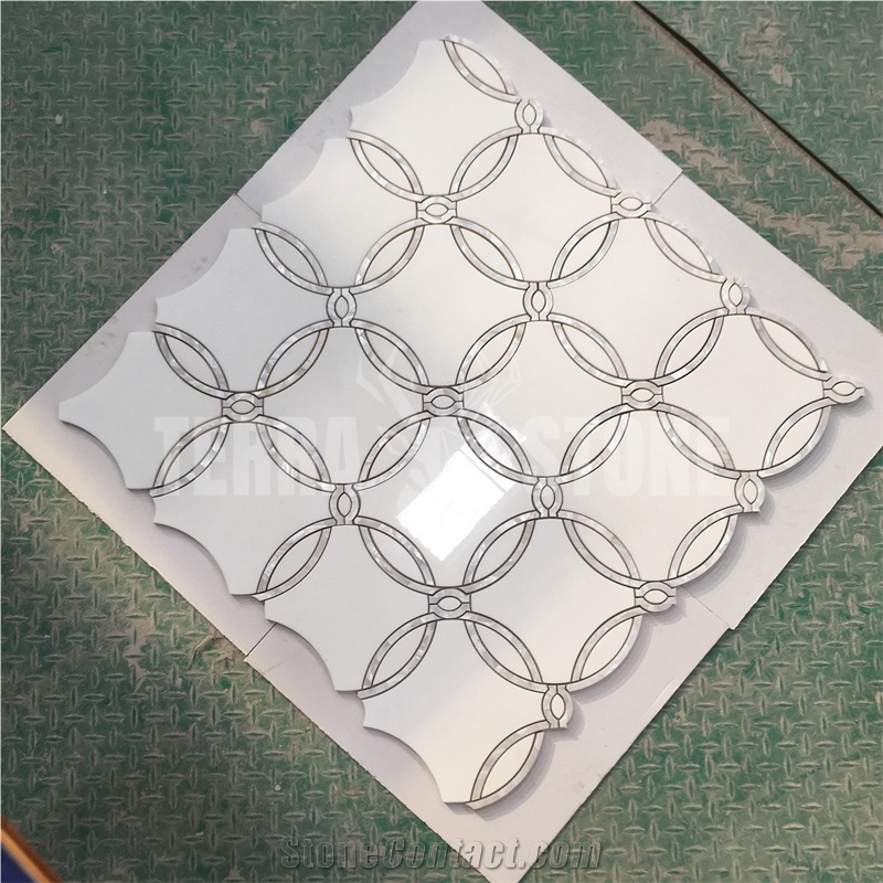Waterjet Mosaic Thassos White Marble With Pearl Shell Tile