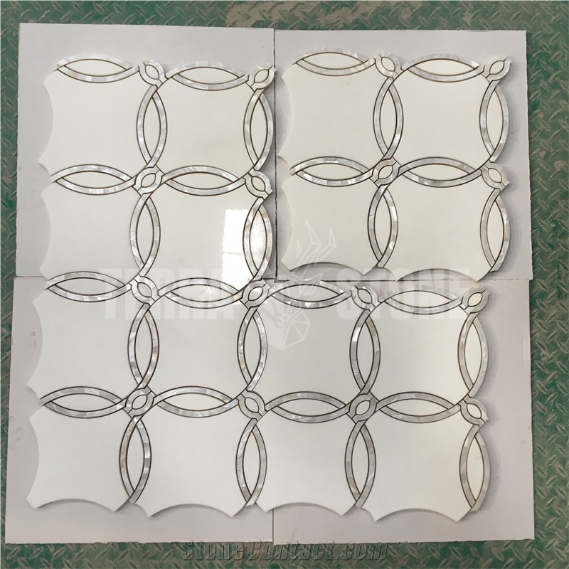 Waterjet Mosaic Thassos White Marble With Pearl Shell Tile