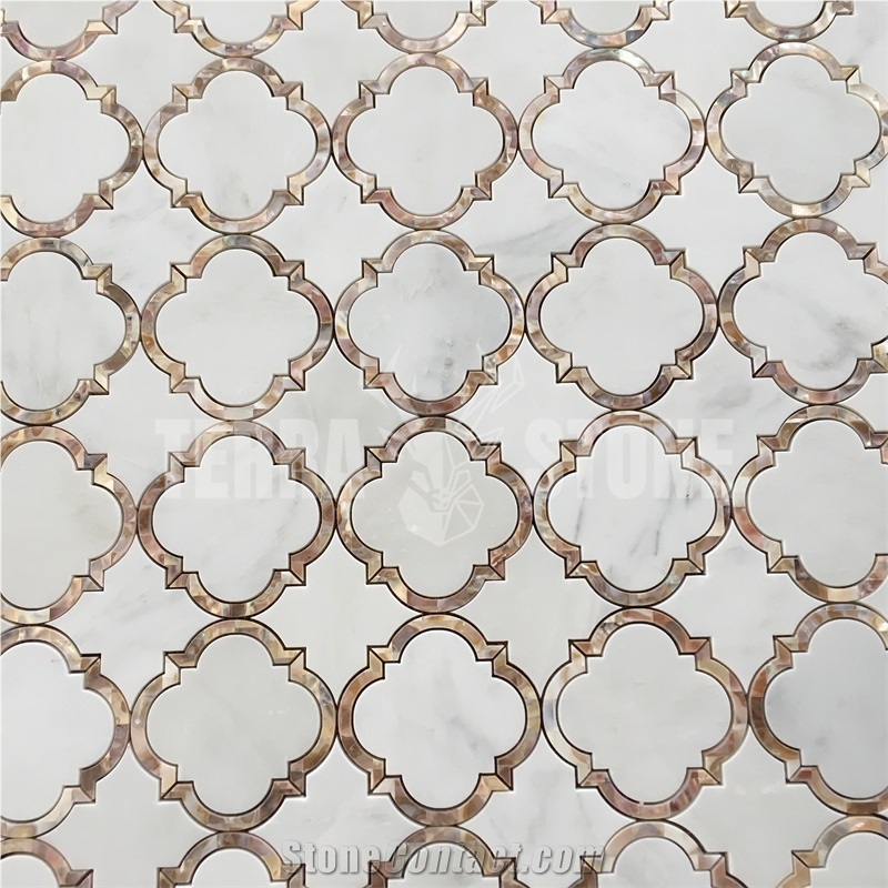 Waterjet Mosaic White Marble Lantern Mother Pearl Shell Tile
