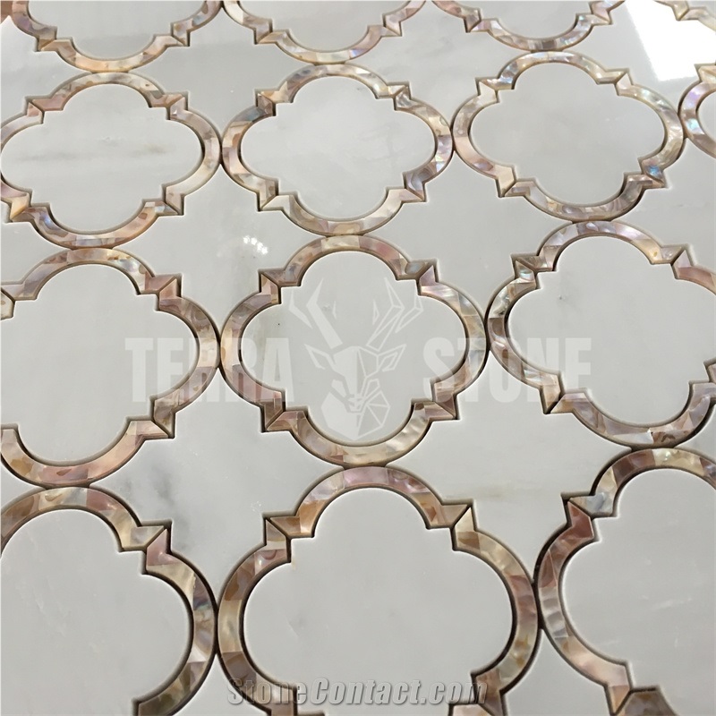 Waterjet Mosaic White Marble Lantern Mother Pearl Shell Tile