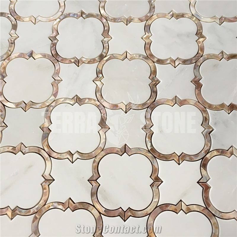 Waterjet Mosaic White Marble Lantern Mother Pearl Shell Tile