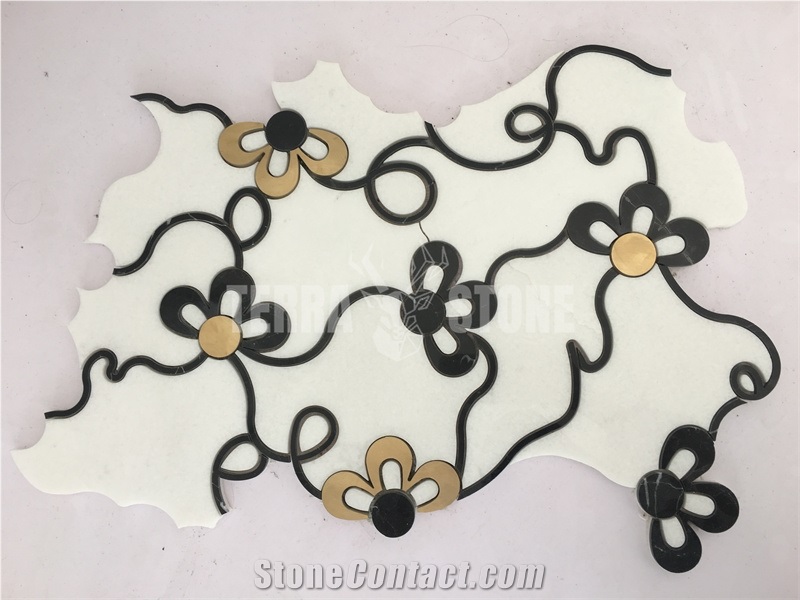 Waterjet Thassos Crystal White Marble With Gold Metal Mosaic