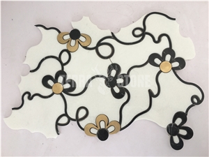 Waterjet Thassos Crystal White Marble With Gold Metal Mosaic