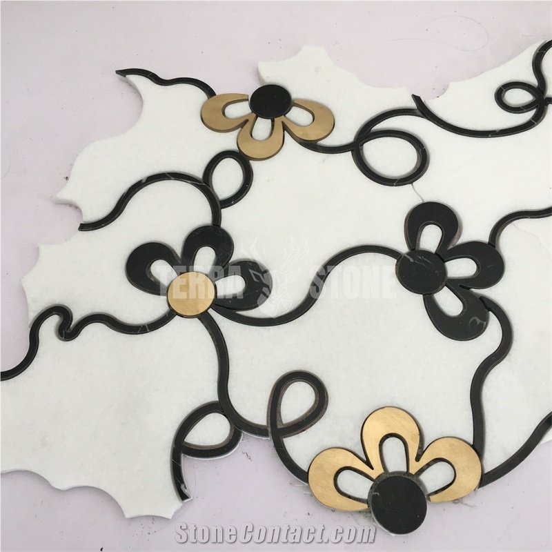 Waterjet Thassos Crystal White Marble With Gold Metal Mosaic