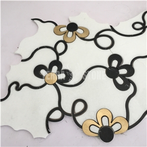 Waterjet Thassos Crystal White Marble With Gold Metal Mosaic