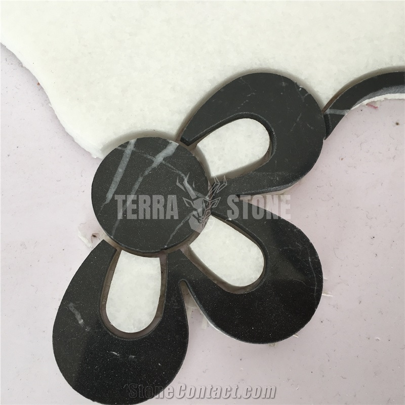 Waterjet Thassos Crystal White Marble With Gold Metal Mosaic