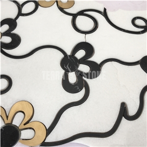 Waterjet Thassos Crystal White Marble With Gold Metal Mosaic