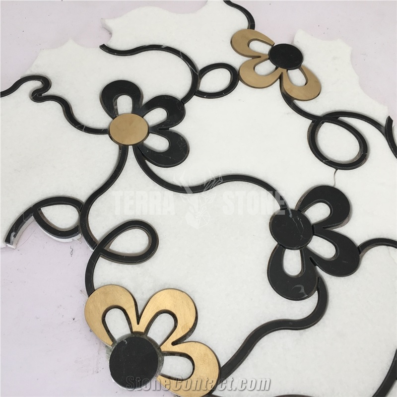 Waterjet Thassos Crystal White Marble With Gold Metal Mosaic