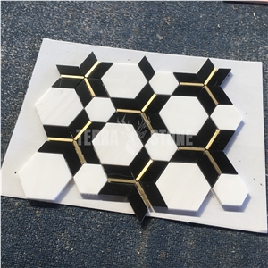 Waterjet Thassos White Marble Hexagon Golden Metal Mosaic