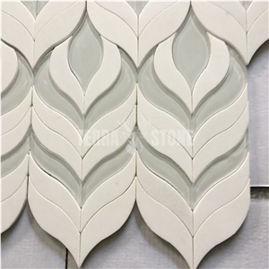 White Marble Waterjet Glass Mosaic Backsplash Tile