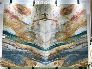 Dunhuang Frescoes Big Slab Bookmatched Yellow Blue Color