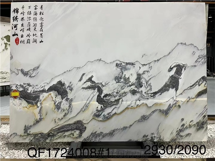 Landscape Painting  Big Slab Bookmatched Marble Stone White