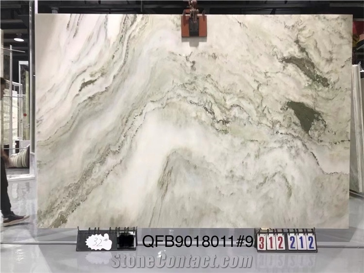 Landscape Painting  Big Slab Bookmatched Marble Stone White