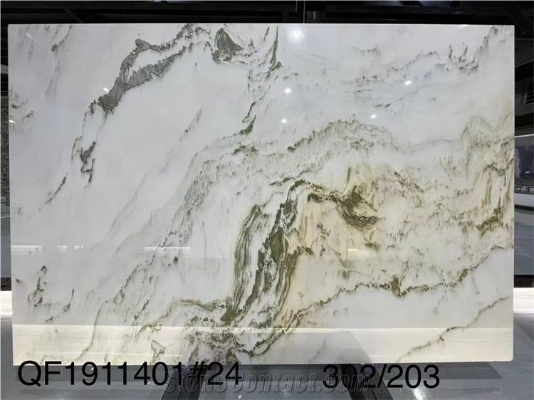 Landscape Painting  Big Slab Bookmatched Marble Stone White