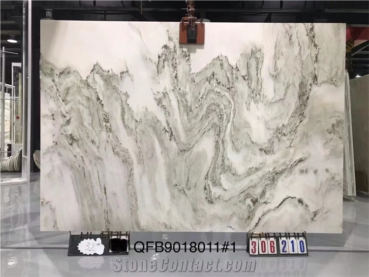 Landscape Painting  Big Slab Bookmatched Marble Stone White