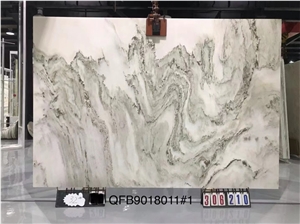 Landscape Painting  Big Slab Bookmatched Marble Stone White