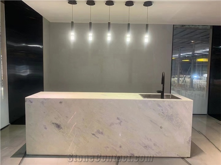 Miter Edge Whie Yellow Gold Marble Kitchen Countertop