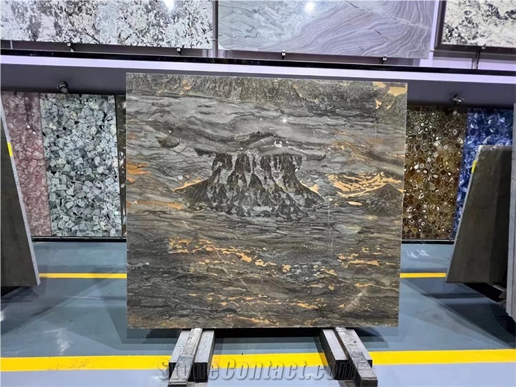 Volcano Pattern Natural Quartzite Slab Brown Golden Color