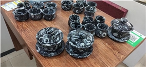 China Peacock Eye Marble Sea Shell Black Slab Tile