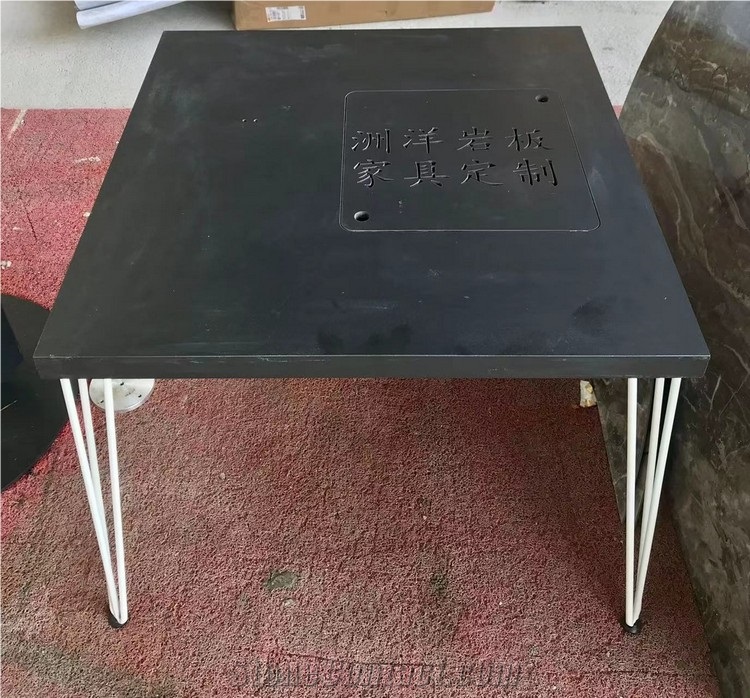 Sintered Stone Tea Table Matel Leg Black Marble Look