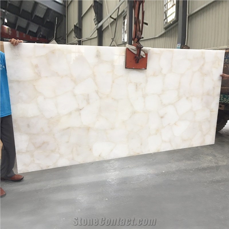 Polishing White Crystal Quartz Semiprecious Stone Slab