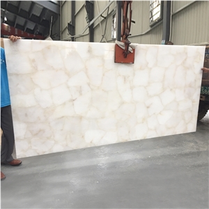 Polishing White Crystal Quartz Semiprecious Stone Slab