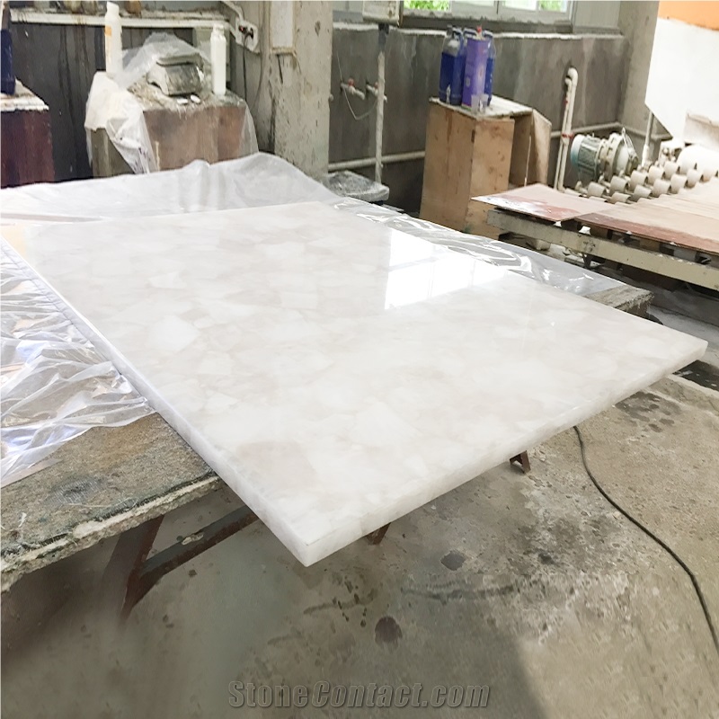 Polishing White Crystal Quartz Semiprecious Stone Slab