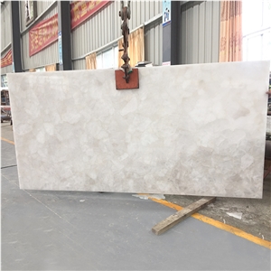 Polishing White Crystal Quartz Semiprecious Stone Slab