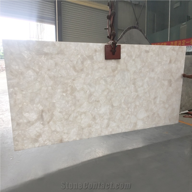 Polishing White Crystal Quartz Semiprecious Stone Slab