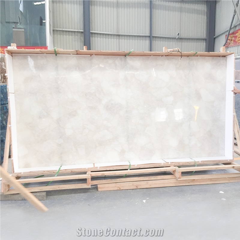 Polishing White Crystal Quartz Semiprecious Stone Slab