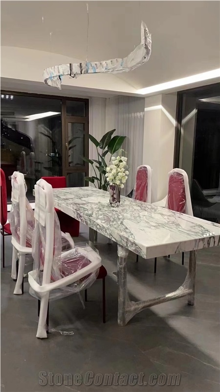 10 Seats Marble Arabescato Dining Table With Metal Base