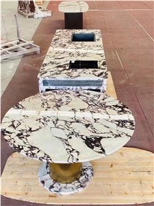 Round Marble Calacatta Viola Dining Table With Copper Base