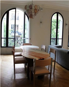 Round Marble Calacatta Viola Dining Table With Copper Base