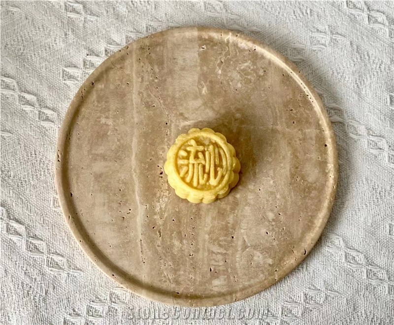 Travertine Round Dishes Carved Stone Dessert Serving Plates