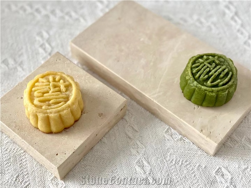 Travertine Round Dishes Carved Stone Dessert Serving Plates