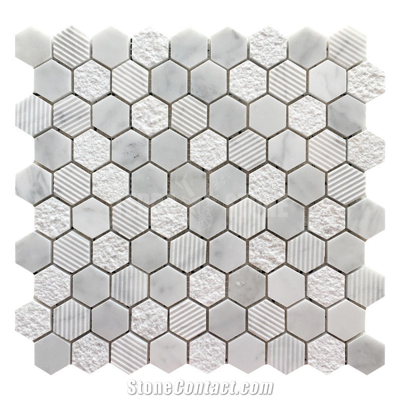 1 Inch Hexagon Carrara White Marble Stone Mosaic Textured